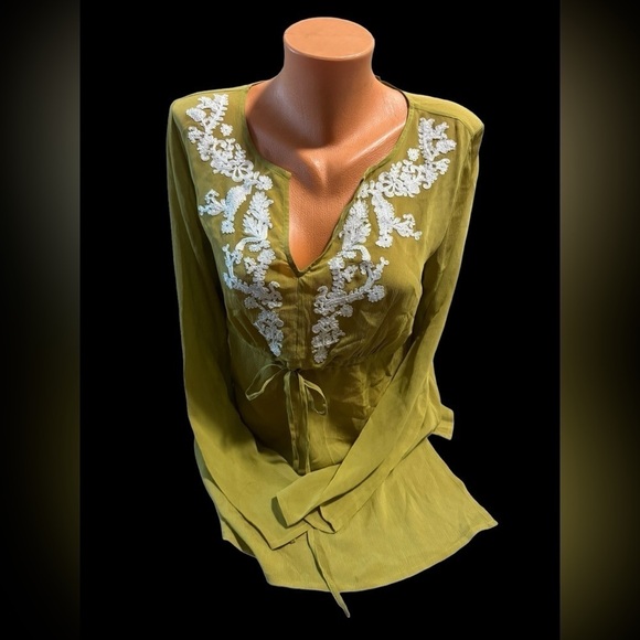 i.e. Women's 100% Silk Boho Gyspy Green Tunic Lace Empire Waist Size Medium - Picture 11 of 12